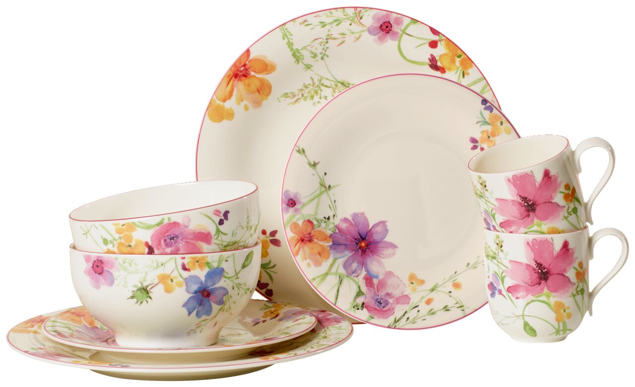 Starter-Set Mariefleur 8-tlg. mit floralem Design, bestehend aus Tellern, Schalen und Tassen, aus seitlicher Perspektive fotografiert.