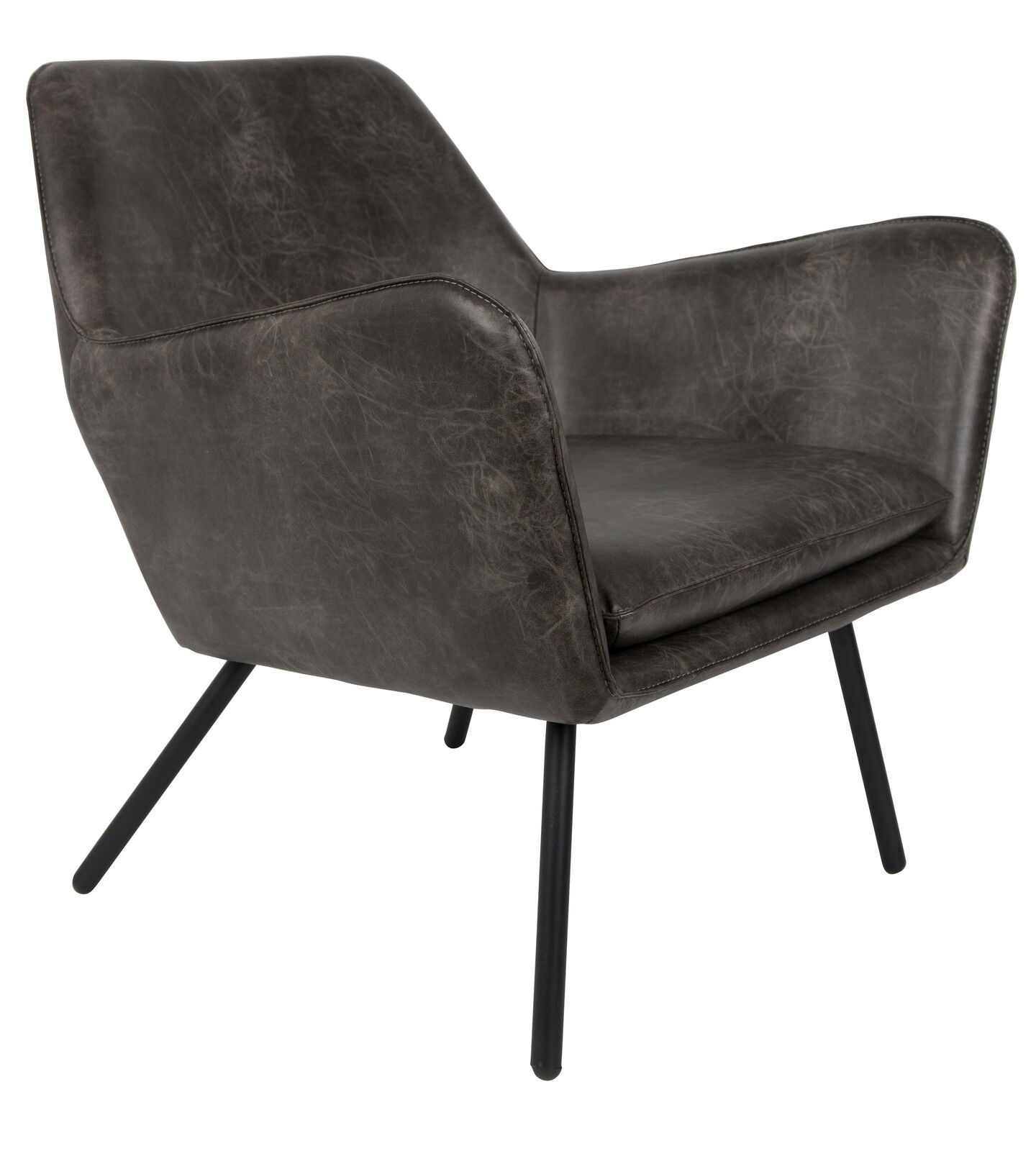 Moderner Sessel in dunklem Lederlook mit schwarzen Metallbeinen, seitliche Perspektive