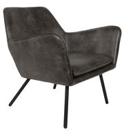 Moderner Sessel in dunklem Lederlook mit schwarzen Metallbeinen, seitliche Perspektive