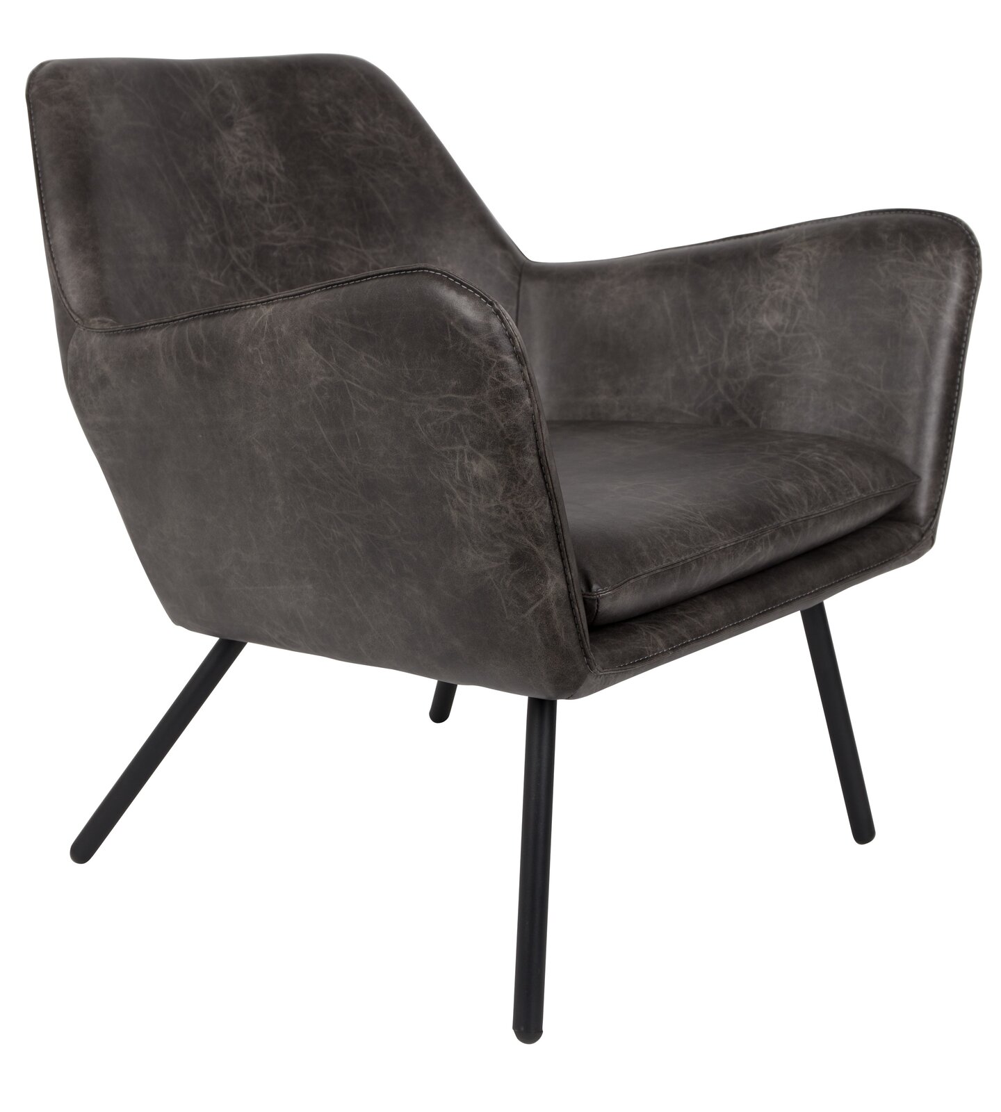 Moderner Sessel in dunklem Lederlook mit schwarzen Metallbeinen, seitliche Perspektive