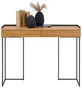 Moderner Konsolentisch aus Holz mit schwarzen Metallbeinen, dekoriert mit Büchern und Vasen, Frontalansicht.