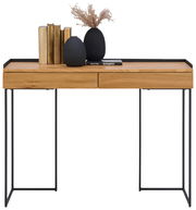 Moderner Konsolentisch aus Holz mit schwarzen Metallbeinen, dekoriert mit Büchern und Vasen, Frontalansicht.