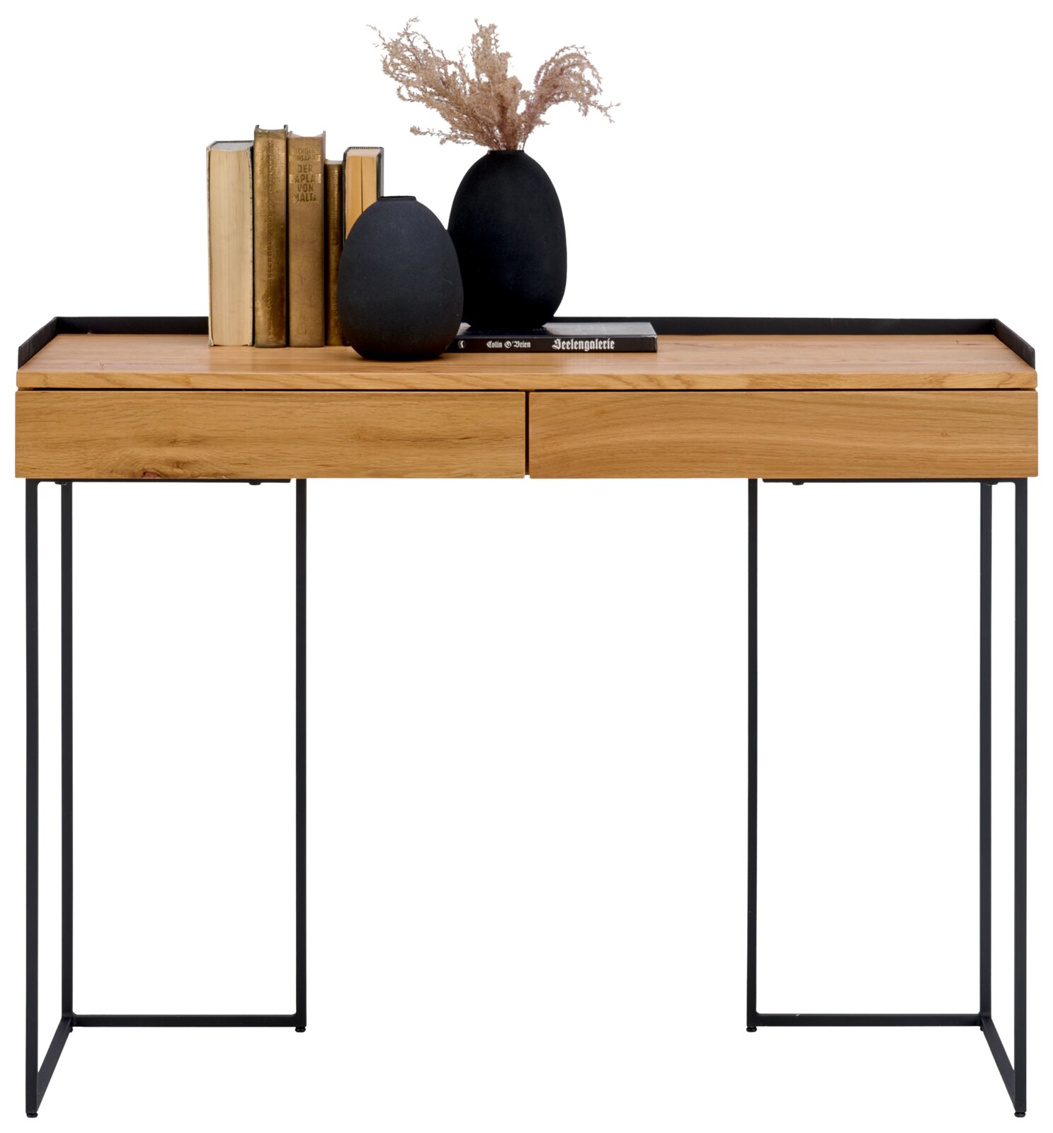 Moderne houten consoletafel met zwarte metalen poten, versierd met boeken en vazen, gezien van voren.