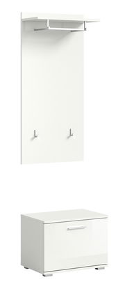 Weiße Garderobenkombination mit Wandpaneel, zwei Haken, Ablage und Schuhschrank, seitliche Perspektive