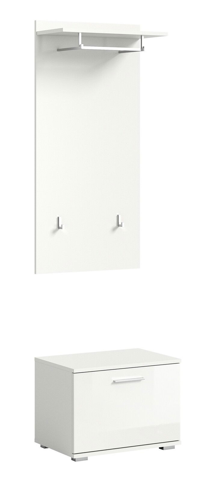 Weiße Garderobenkombination mit Wandpaneel, zwei Haken, Ablage und Schuhschrank, seitliche Perspektive