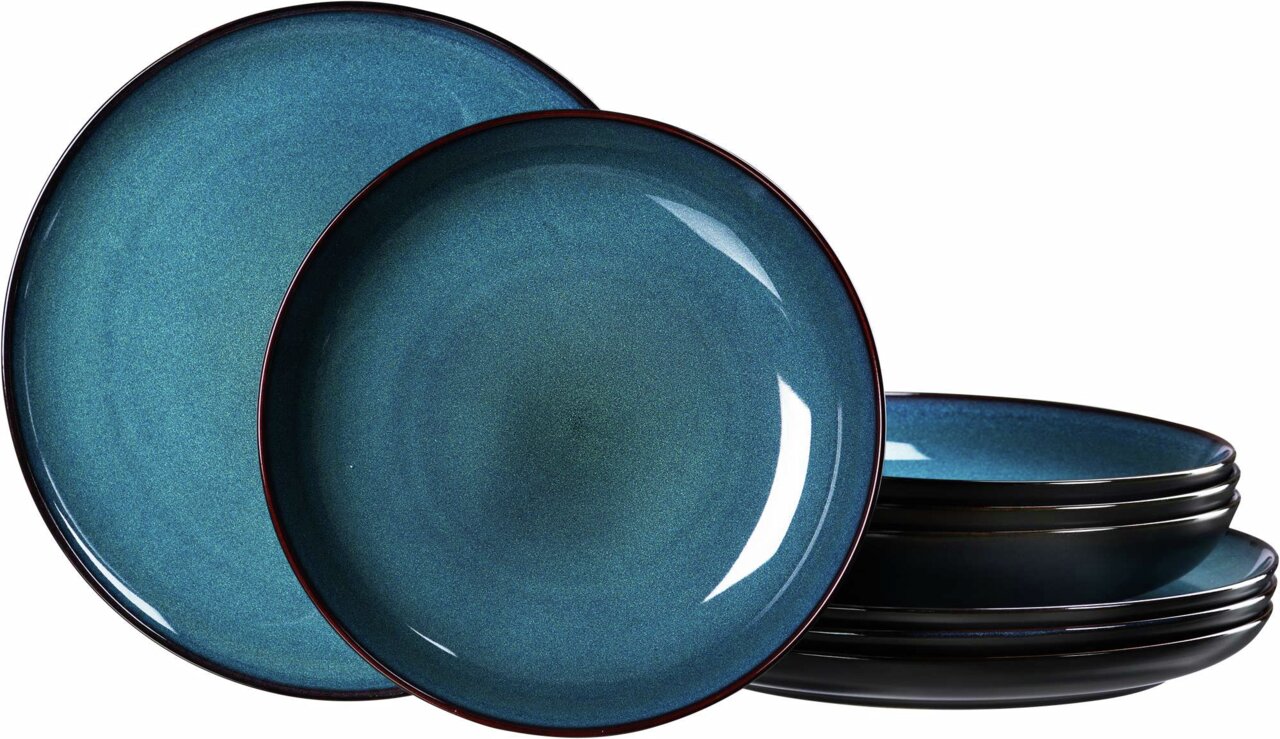 Blaues Tafelservice, 8-teilig, mit glänzender Oberfläche, seitliche Perspektive
