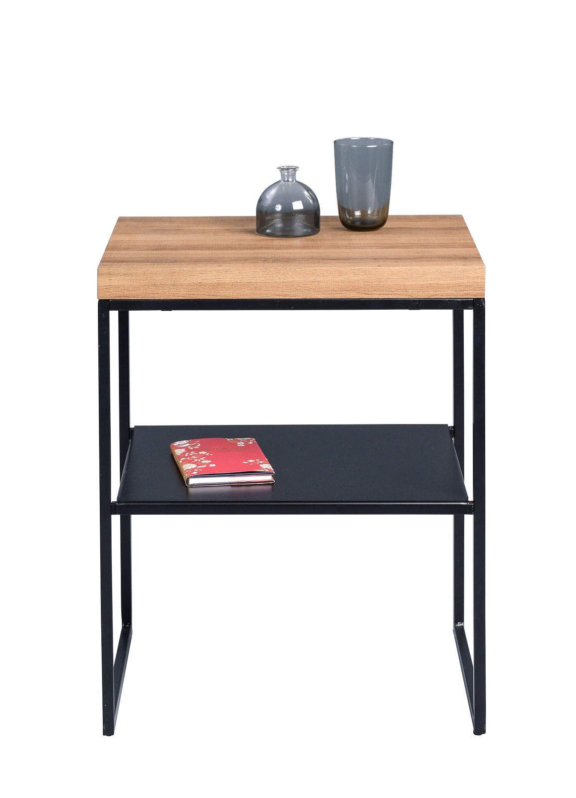 Moderner Beistelltisch mit Holzplatte und schwarzem Metallgestell, frontal fotografiert. Auf der oberen Ablage stehen zwei Glasvasen, auf der unteren ein Notizbuch.