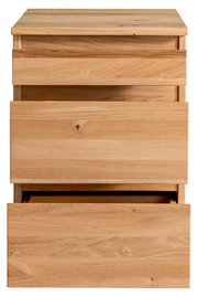 Frontansicht eines Rollcontainers aus Holz mit drei Schubladen, von denen zwei leicht geöffnet sind.