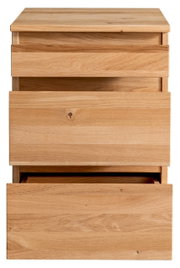 Vooraanzicht van een houten rolcontainer met drie lades, waarvan er twee een stukje openstaan.