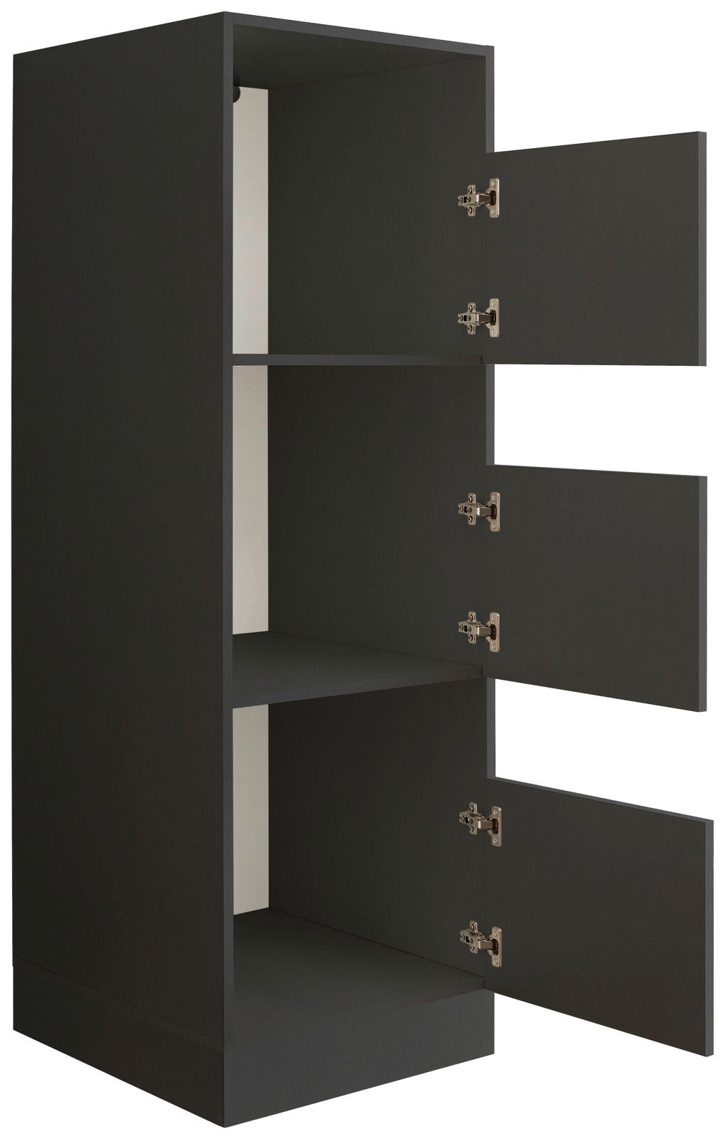 Schwarzer Wäscheschrank mit drei offenen Türen, seitliche Perspektive