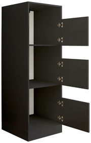 Schwarzer Wäscheschrank mit drei offenen Türen, seitliche Perspektive