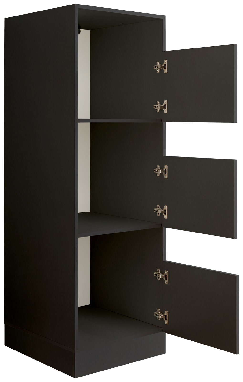 Schwarzer Wäscheschrank mit drei offenen Türen, seitliche Perspektive