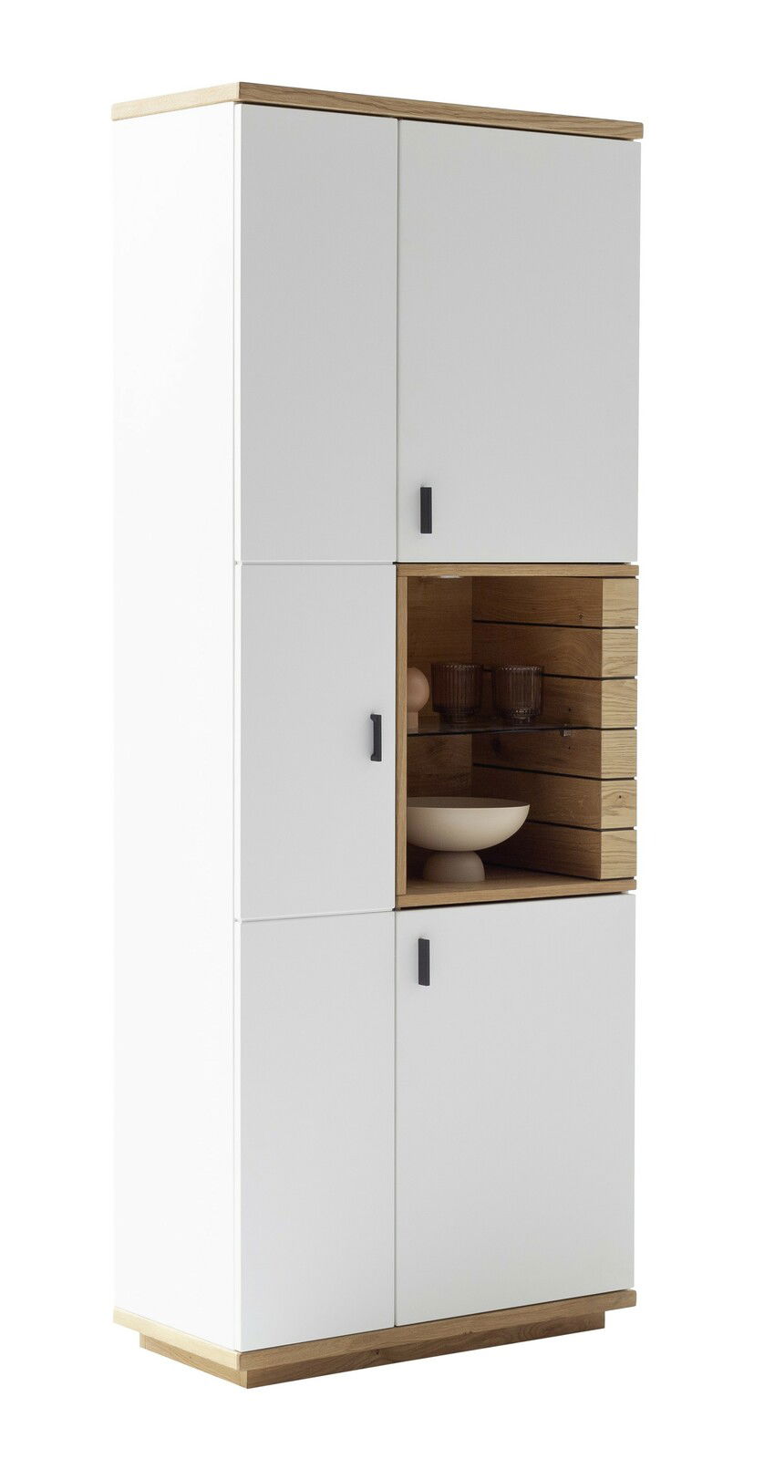 Modernes Highboard in Weiß mit Holzdetails, seitliche Perspektive