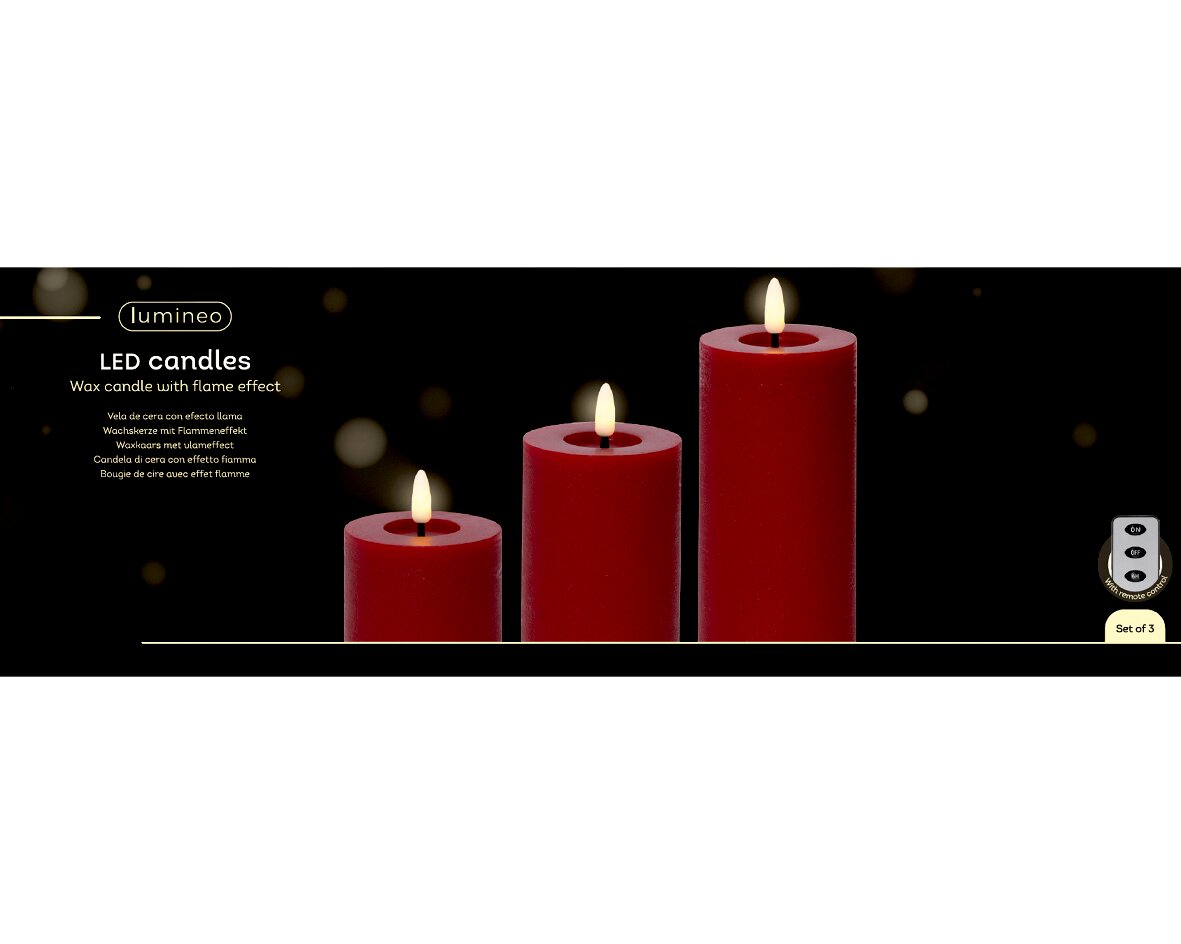 Drei rote LED-Kerzen aus Wachs mit Flammeneffekt, frontal betrachtet, in verschiedenen Höhen angeordnet, mit einer Fernbedienung im Set.