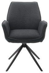 Moderner Armlehnstuhl in dunklem Stoffbezug mit schwarzem Metallgestell, Frontalansicht