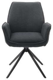 Moderner Armlehnstuhl in dunklem Stoffbezug mit schwarzem Metallgestell, Frontalansicht