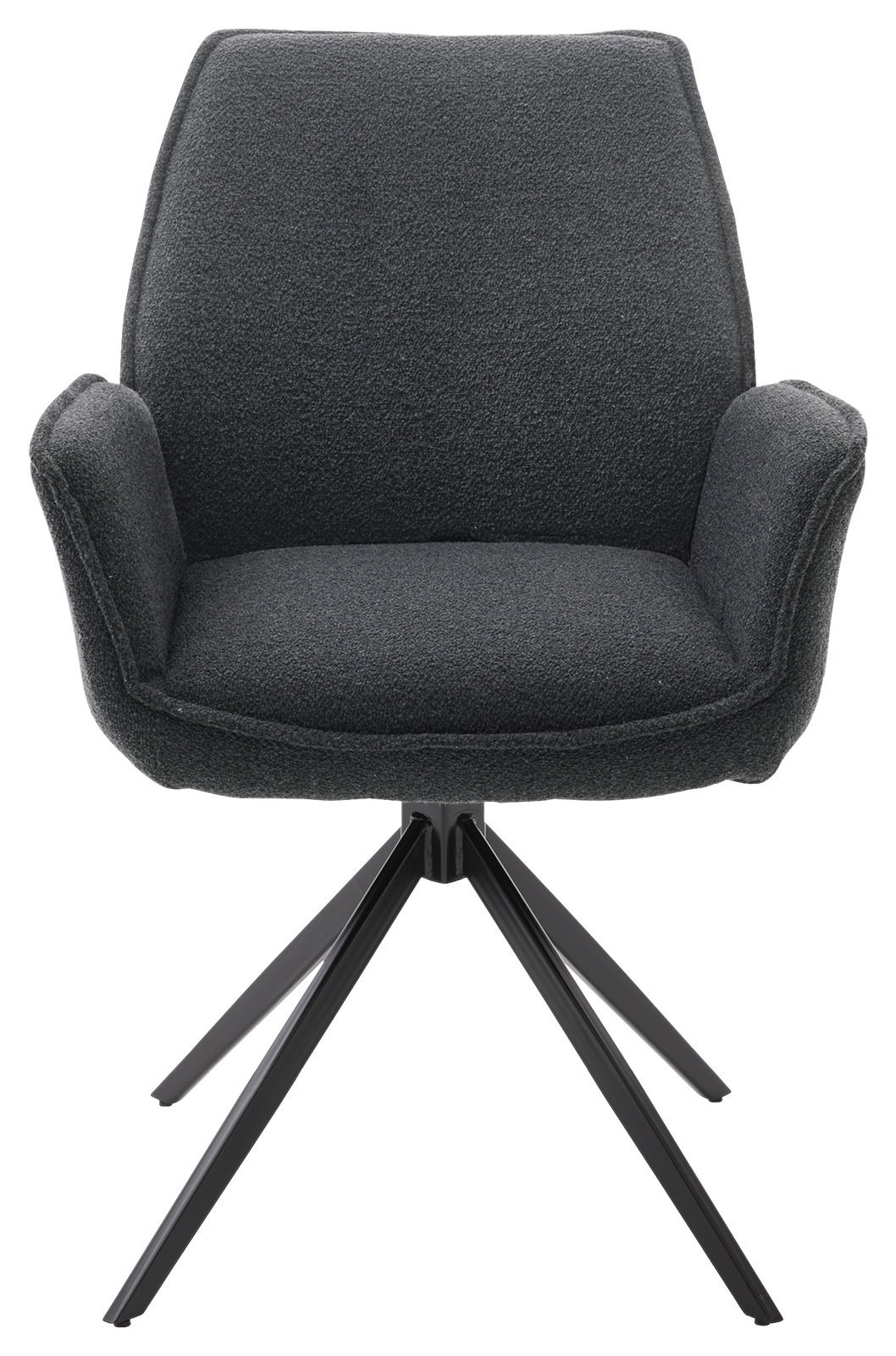 Moderner Armlehnstuhl in dunklem Stoffbezug mit schwarzem Metallgestell, Frontalansicht