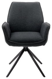 Moderner Armlehnstuhl in dunklem Stoffbezug mit schwarzem Metallgestell, Frontalansicht