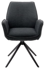 Moderne fauteuil met donkere stoffen bekleding en een zwart metalen frame, vooraanzicht