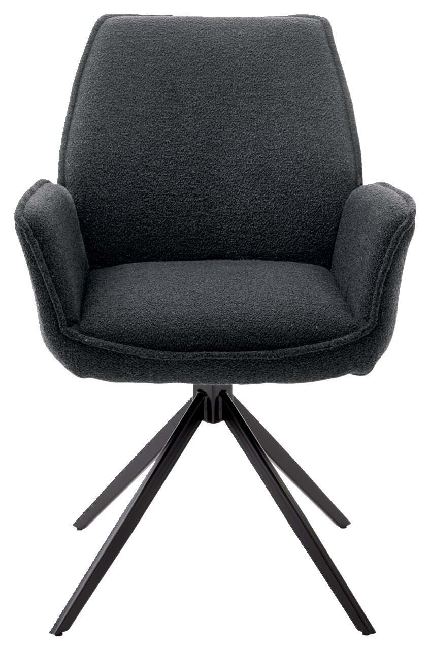 Moderne fauteuil met donkere stoffen bekleding en een zwart metalen frame, vooraanzicht