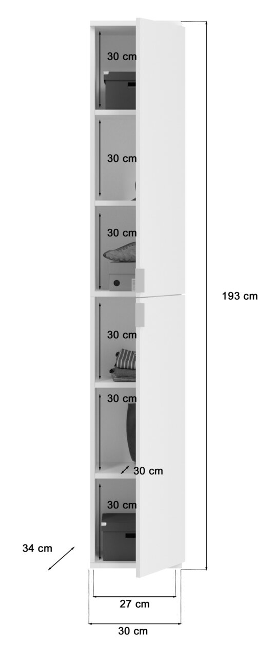 Schmaler, weißer Garderobenschrank mit mehreren Fächern, seitliche Perspektive, Maße: 193 cm hoch, 34 cm tief, 30 cm breit.
