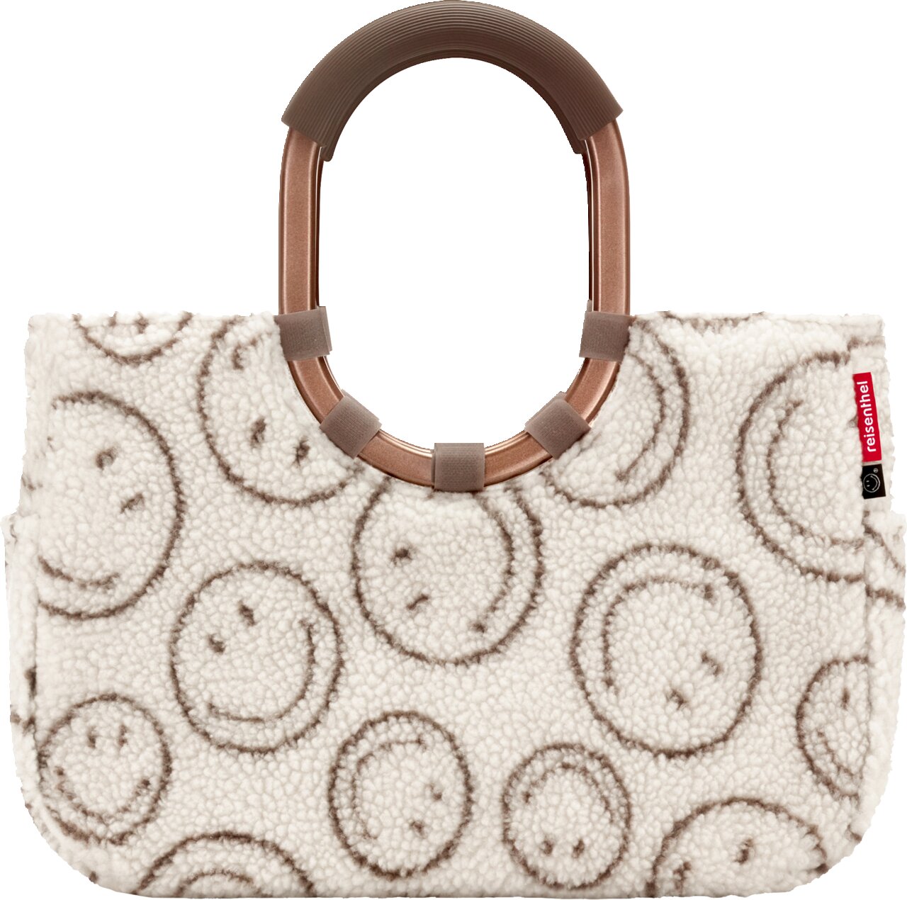 Vorderansicht einer cremefarbenen Teddy-Shopper-Tasche mit braunem Muster und roségoldfarbenen, rund geformten Griffen vor weißem Hintergrund
