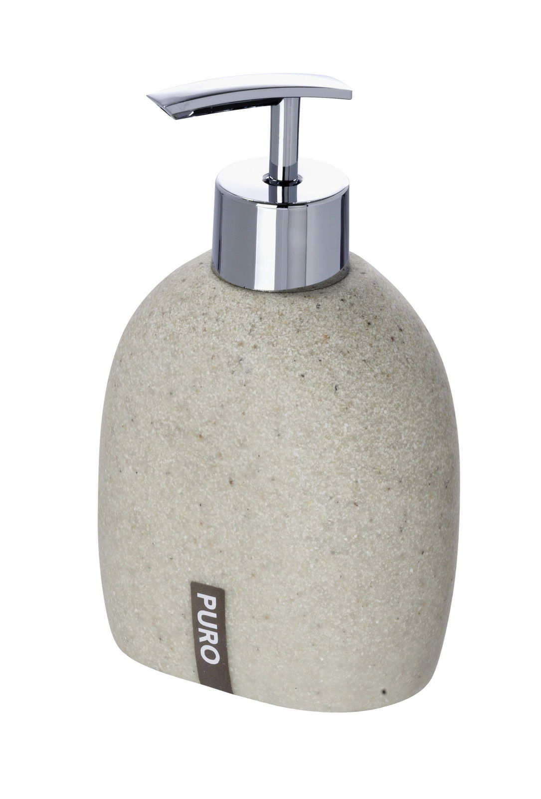 Seifenspender Puro aus Steinoptik mit verchromtem Pumpkopf, seitliche Perspektive