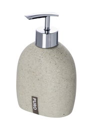 Seifenspender Puro aus Steinoptik mit verchromtem Pumpkopf, seitliche Perspektive