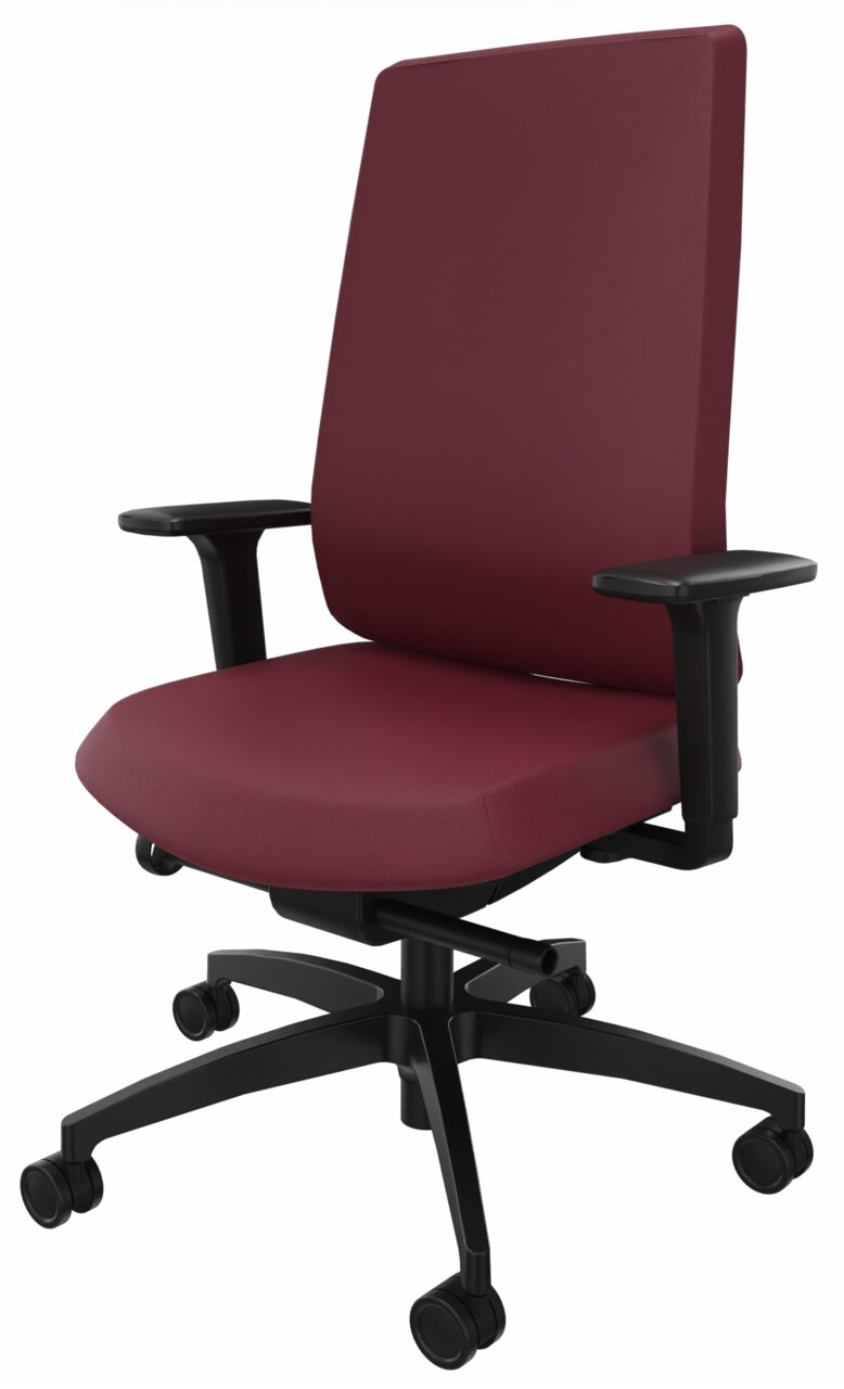 Bürostuhl mit weinrotem Bezug und schwarzen Armlehnen, seitliche Perspektive