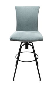 Moderner Barhocker mit gepolsterter Rückenlehne und Sitzfläche in hellgrau, schwarzes Metallgestell, Frontalansicht