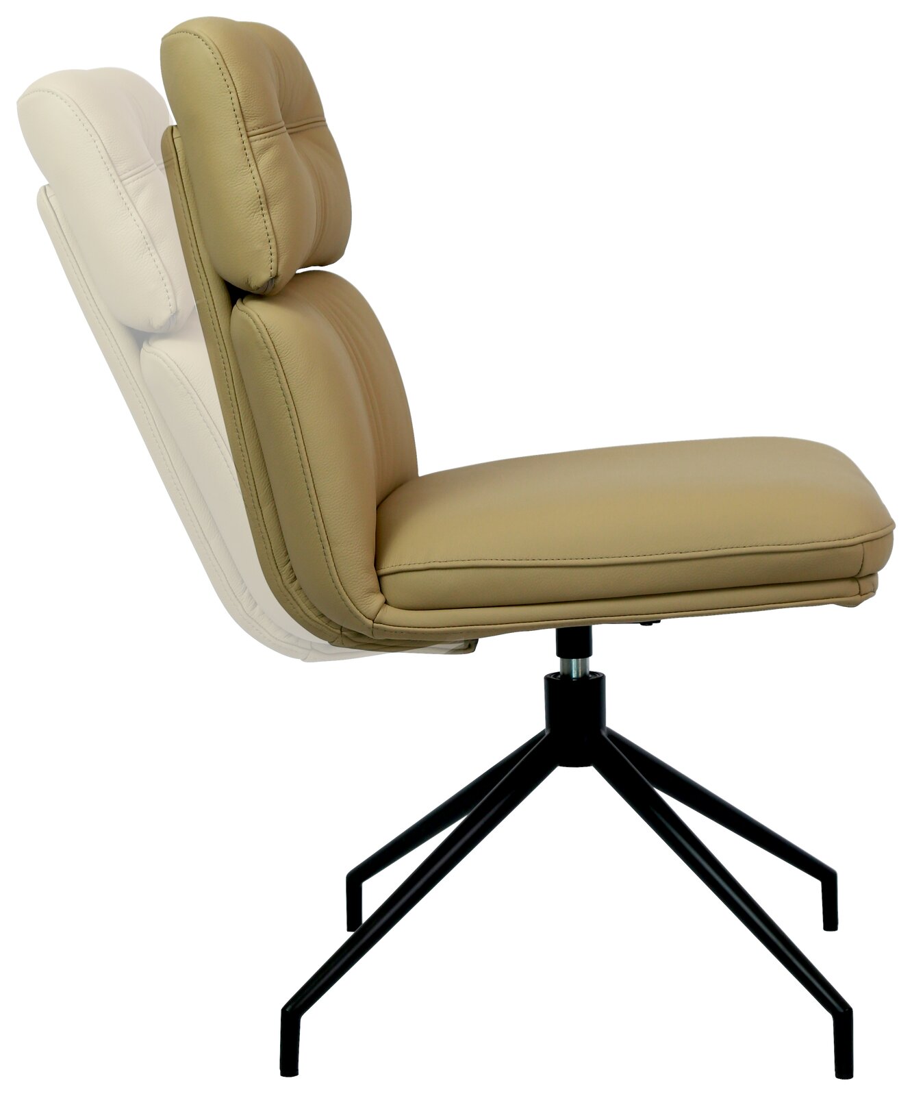 Moderner, verstellbarer Stuhl mit beigem Polster und schwarzem Metallgestell, Seitenansicht