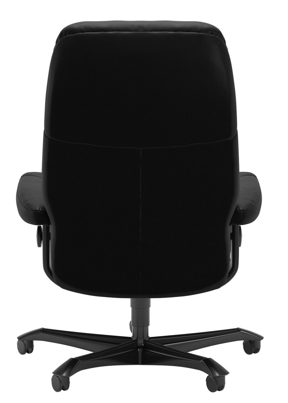 Rückansicht eines schwarzen Stressless Chefsessels OFFICE CONSUL mit fünf Rollen.