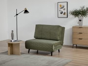 Groene fauteuil in een moderne woonkamer, zijaanzicht, met staande lamp, bijzettafeltje en dressoir op de achtergrond.