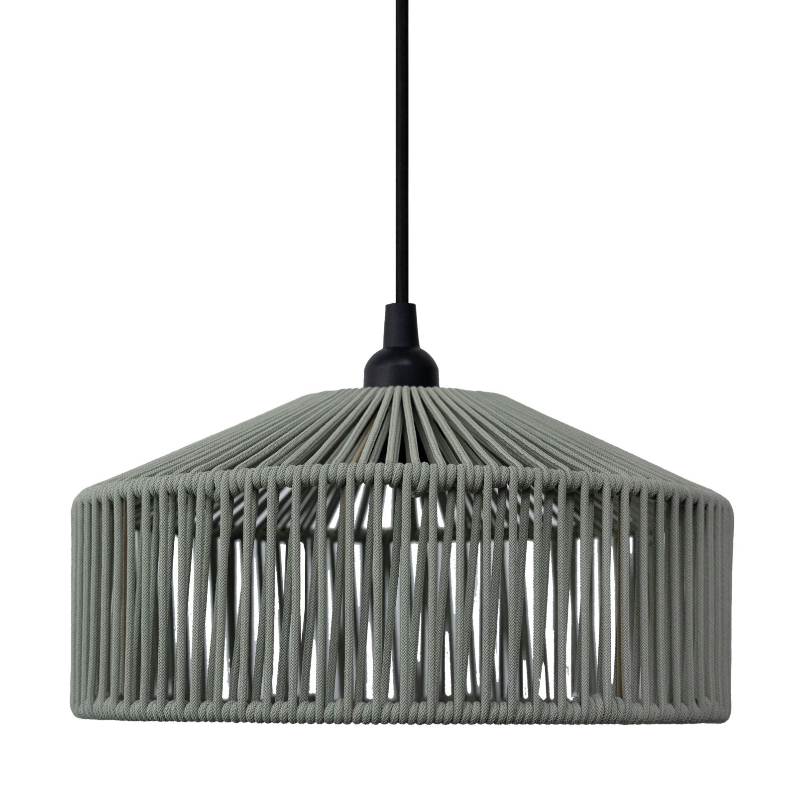 Outdoor-Hängeleuchte mit modernem, geflochtenem Design in seitlicher Perspektive.