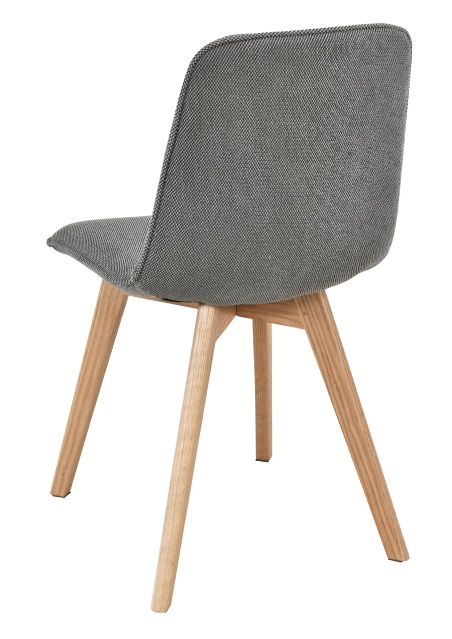 Rückansicht eines modernen Stuhls mit grauem Stoffbezug und Holzbeinen.