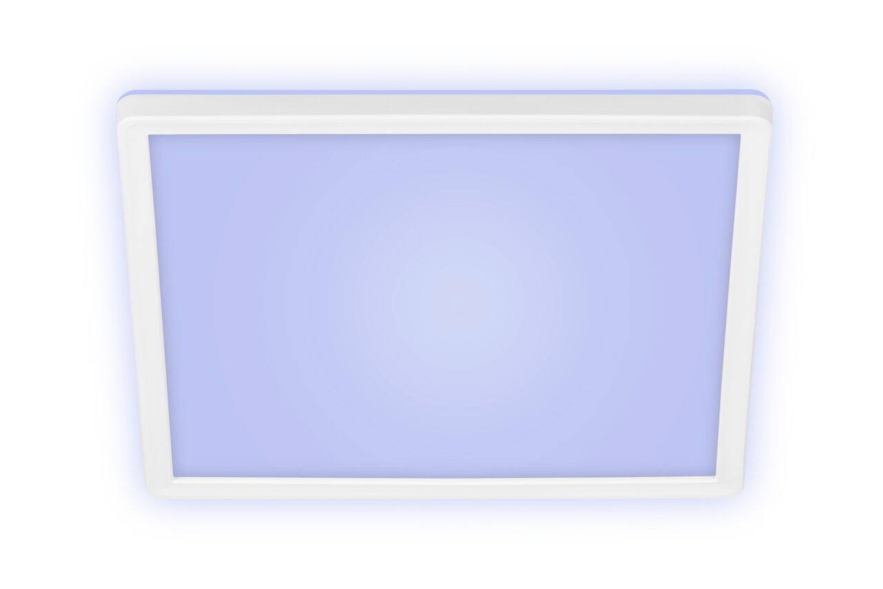 LED-Deckenleuchte in quadratischer Form mit weißem Rahmen, Ansicht von unten