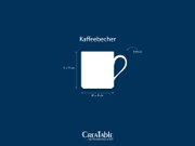 Weiße Kaffeetasse/Kaffeebecher mit Henkel, 250 ml, Höhe 9 cm und Durchmesser 8 cm, schematische Frontansicht auf blauem Hintergrund