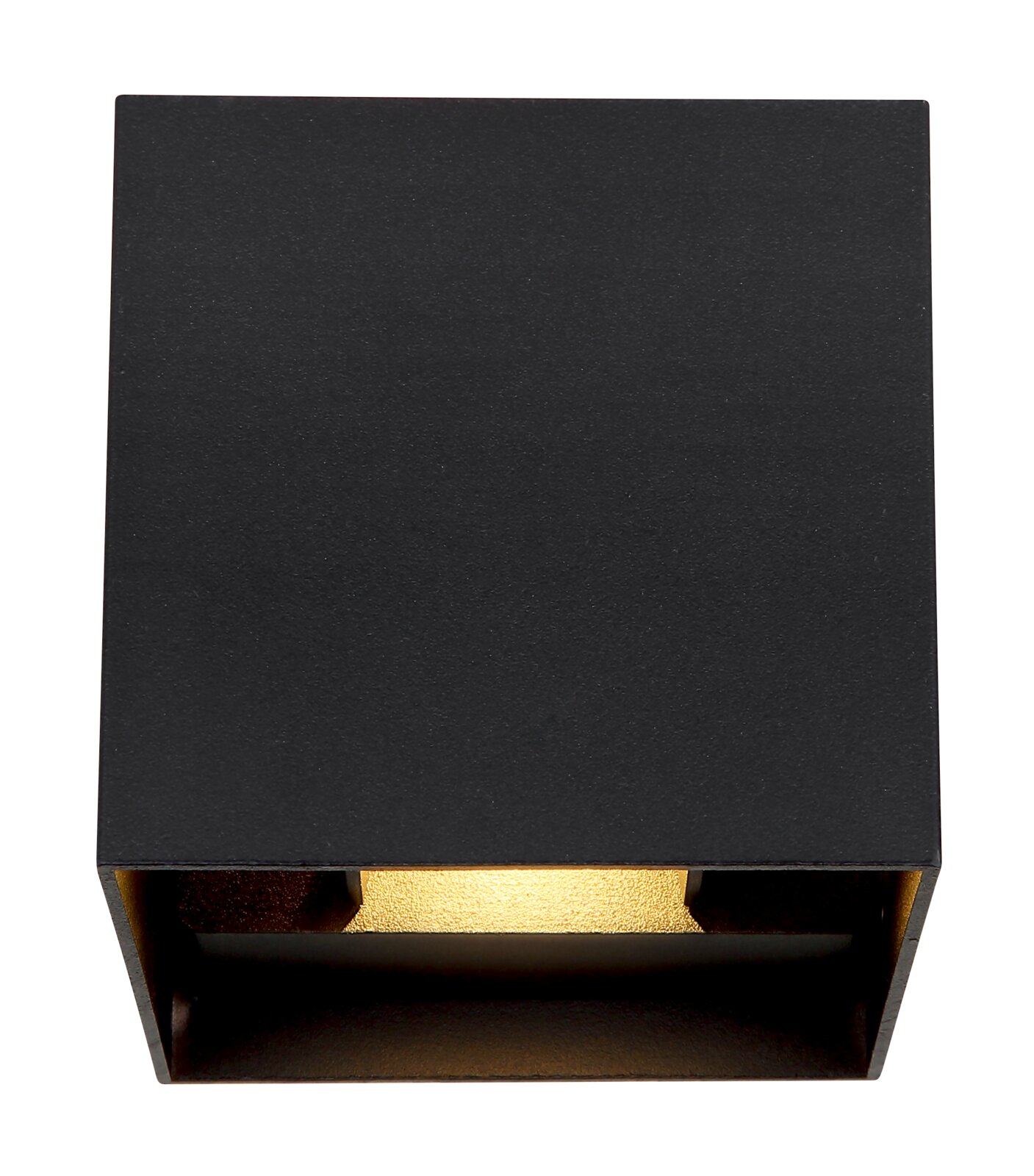 Moderne schwarze Außenleuchte in quadratischer Form, frontal betrachtet, mit warmem Lichtschein nach unten.