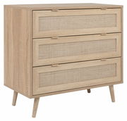 Holz-Sideboard mit drei Schubladen und geflochtenen Fronten, seitliche Perspektive