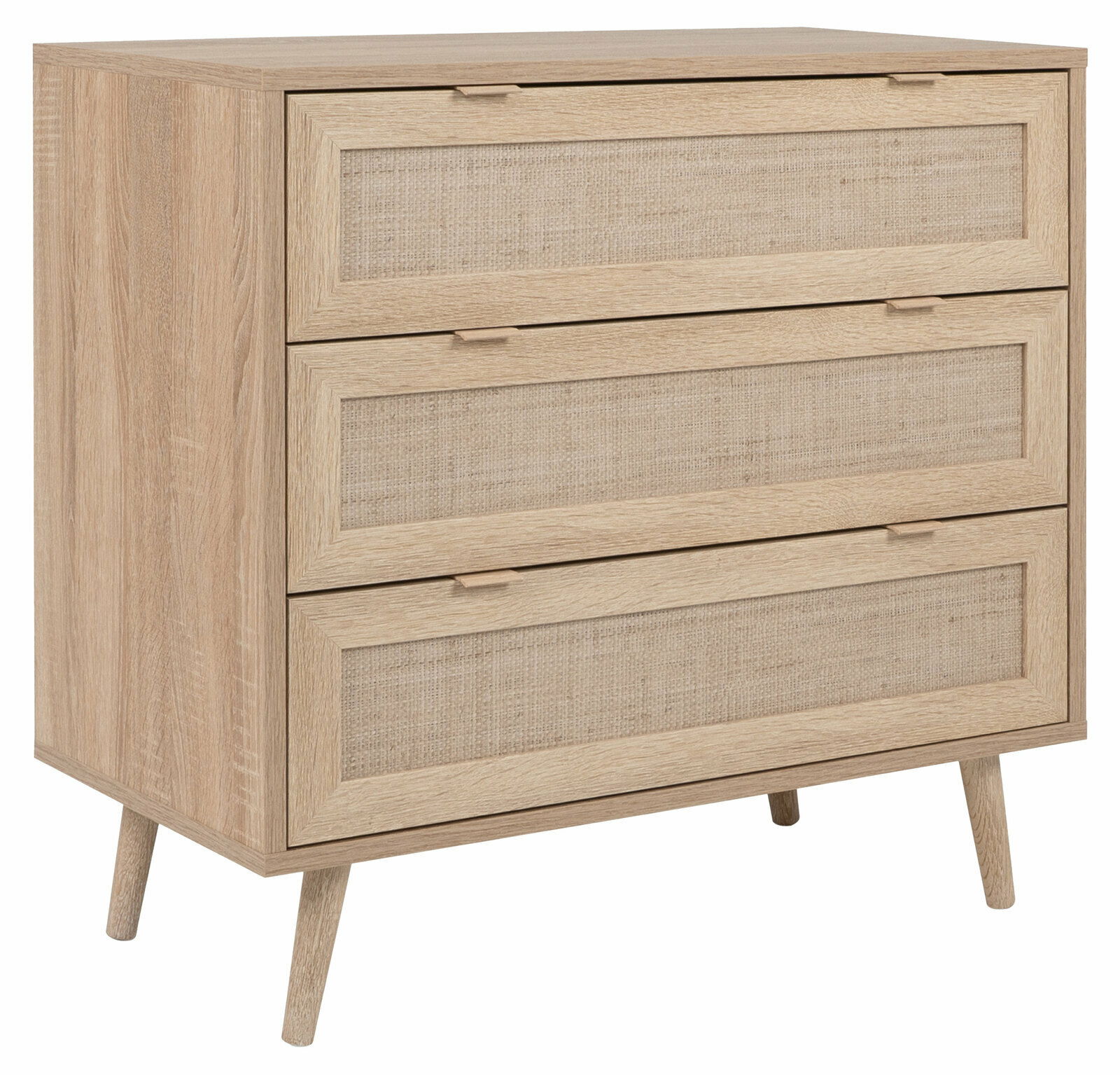 Holz-Sideboard mit drei Schubladen und geflochtenen Fronten, seitliche Perspektive