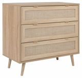 Holz-Sideboard mit drei Schubladen und geflochtenen Fronten, seitliche Perspektive