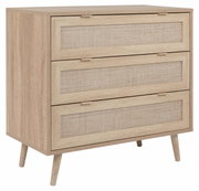 Holz-Sideboard mit drei Schubladen und geflochtenen Fronten, seitliche Perspektive
