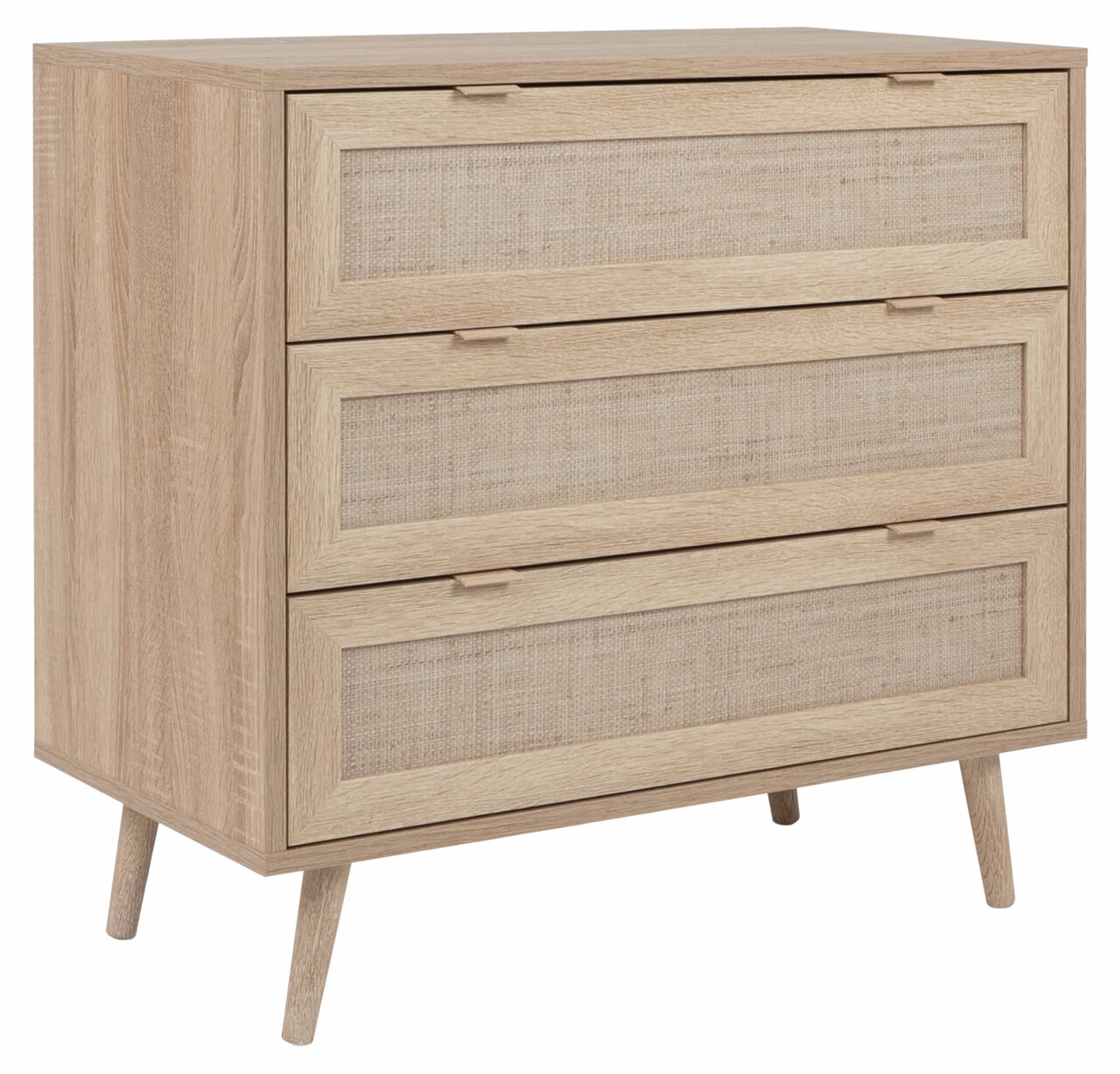 Houten dressoir met drie lades en gevlochten fronten, zijaanzicht