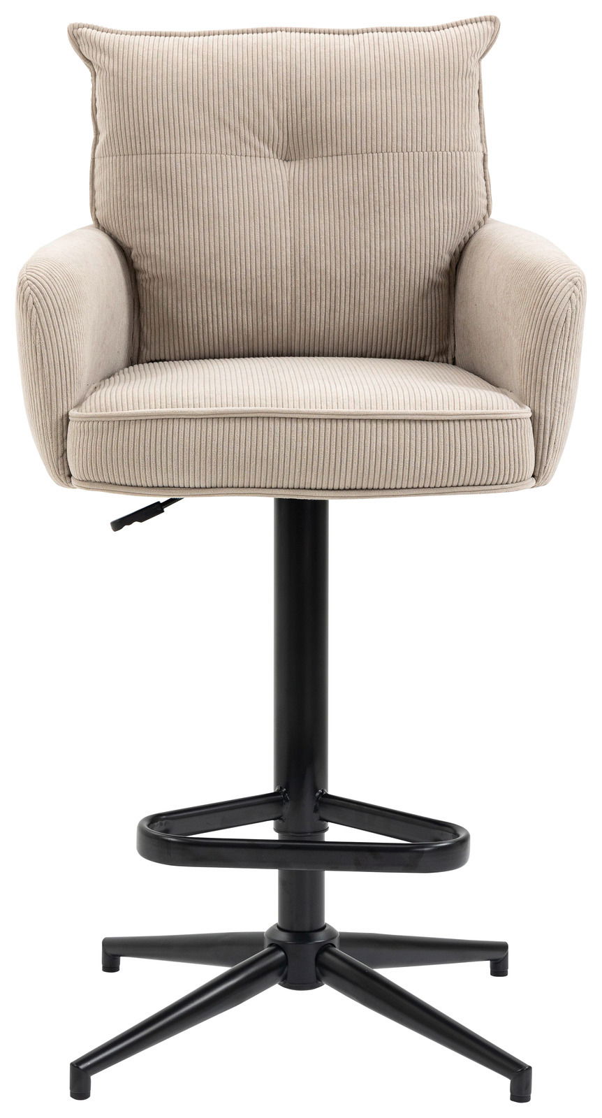 Barhocker mit beigem Stoffbezug und schwarzem Metallgestell, Frontalansicht