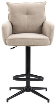 Barhocker mit beigem Stoffbezug und schwarzem Metallgestell, Frontalansicht