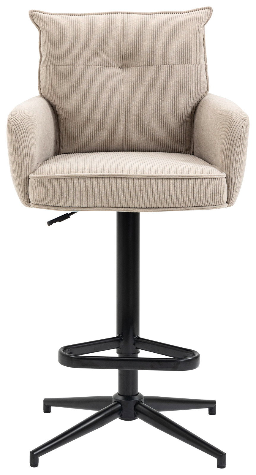 Barhocker mit beigem Stoffbezug und schwarzem Metallgestell, Frontalansicht