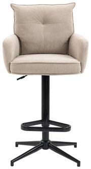 Barhocker mit beigem Stoffbezug und schwarzem Metallgestell, Frontalansicht