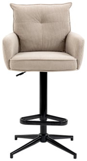 Barhocker mit beigem Stoffbezug und schwarzem Metallgestell, Frontalansicht