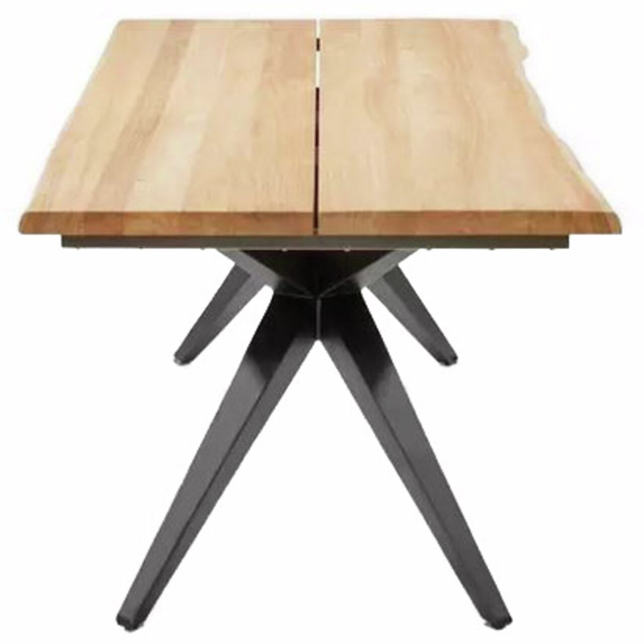 Moderne houten eettafel met metalen poten, vooraanzicht
