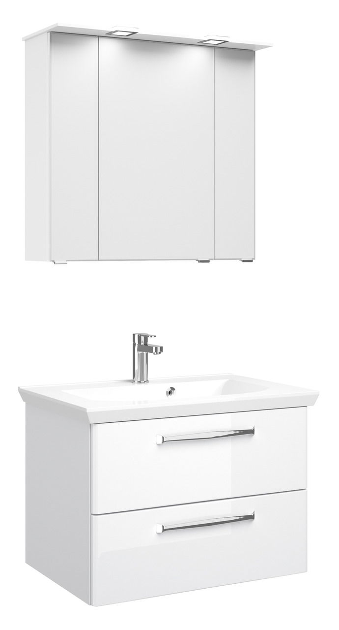 Moderner weißer Badblock mit Spiegelschrank und Waschbecken, Frontalansicht
